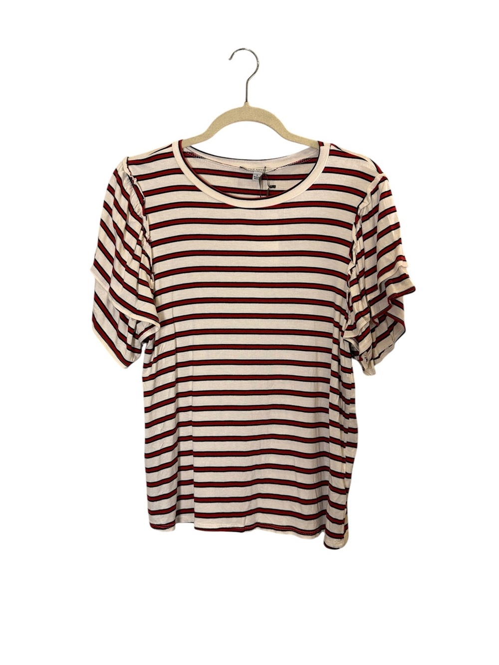 Green Envelope Women’s Striped Short Sleeve Ruffle Arm Norm-core Tee Sz L